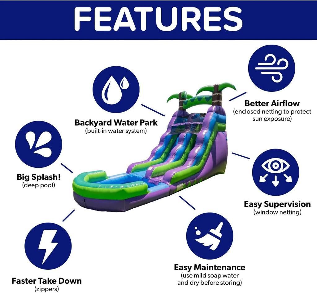 16’ Purple Tropical Lightweight Premium Commercial Grade Water Slide Inflatable with Attached Pool for Kids and Adults (with Blower), Wet Dry Use, Summer Fun
