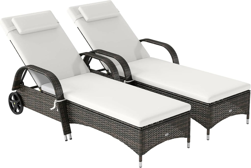 Wicker Outdoor Chaise Lounge, 5-Level Adjustable Backrest PE Rattan Pool Lounge Chair with Wheels, Cushion  Headrest, Brown and Dark Blue(Mixed Brown and Cream White/2 PCs)