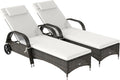 Wicker Outdoor Chaise Lounge, 5-Level Adjustable Backrest PE Rattan Pool Lounge Chair with Wheels, Cushion  Headrest, Brown and Dark Blue(Mixed Brown and Cream White/2 PCs)