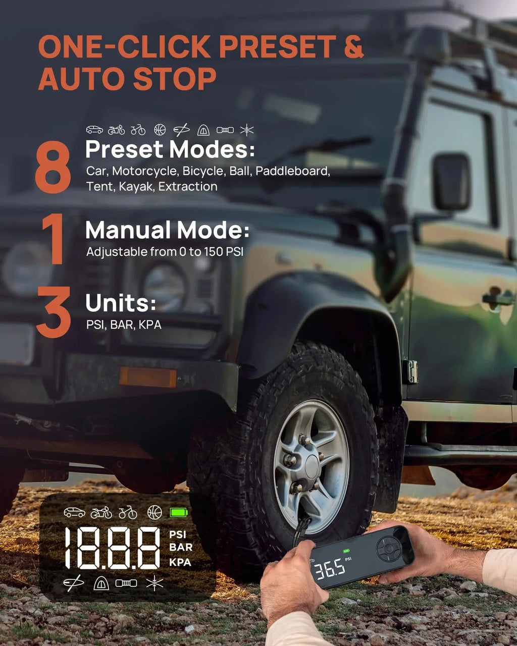 Tire Inflator Portable Air Compressor, Rechargeable Electric Paddle Board Pump 150PSI, 3X Faster Inflation 9 Pump Modes,Auto Air Pump for Car Tires Motorcycle Bike Ball SUP Tent Kayak Float