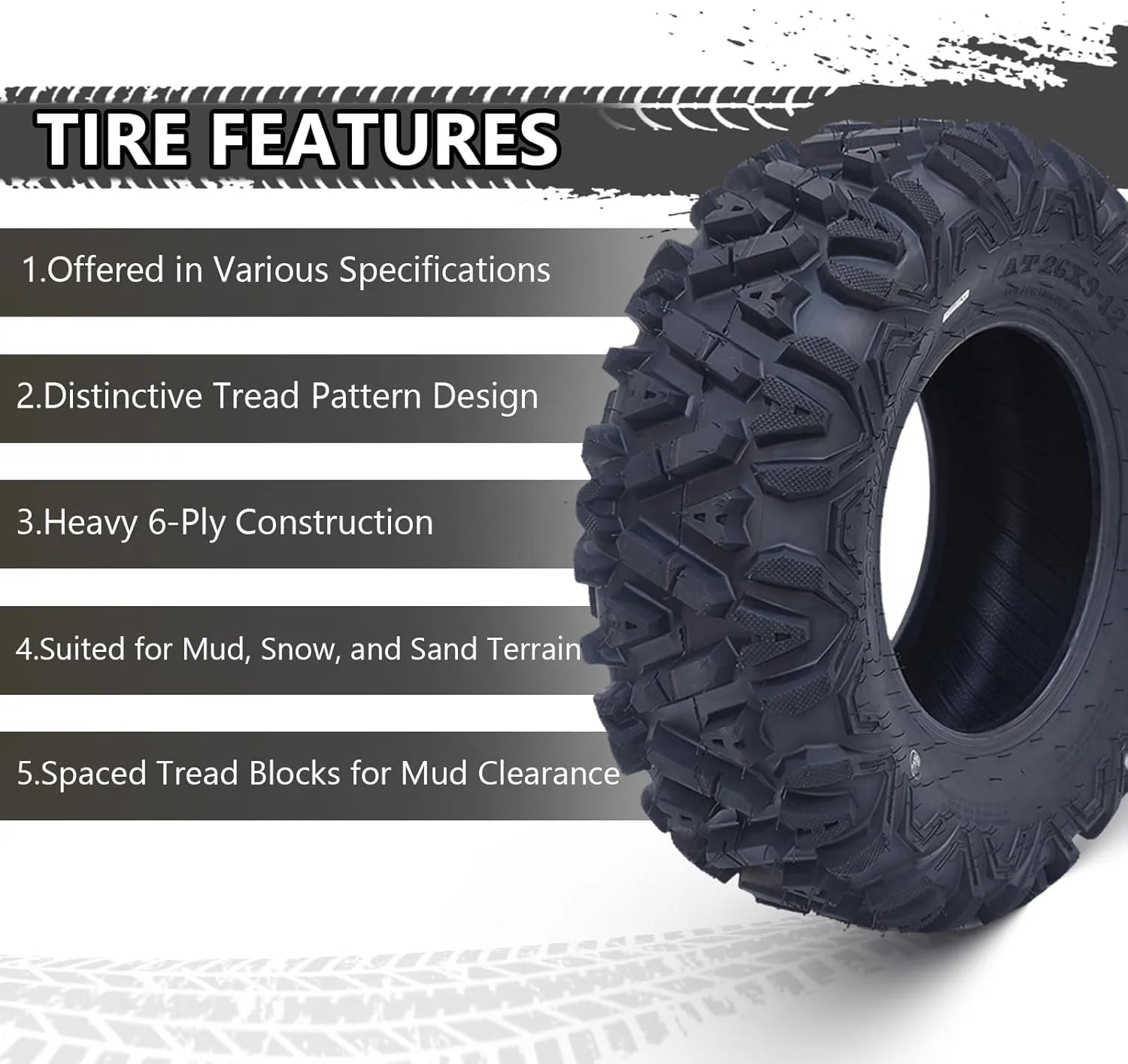 26x12x12 Atv Tires, Set of 2 Atv Tires 26x12-12 6PR, All Terrain Atv/Utv Off-Road Tires, Black(AT26x11-12-6PR)