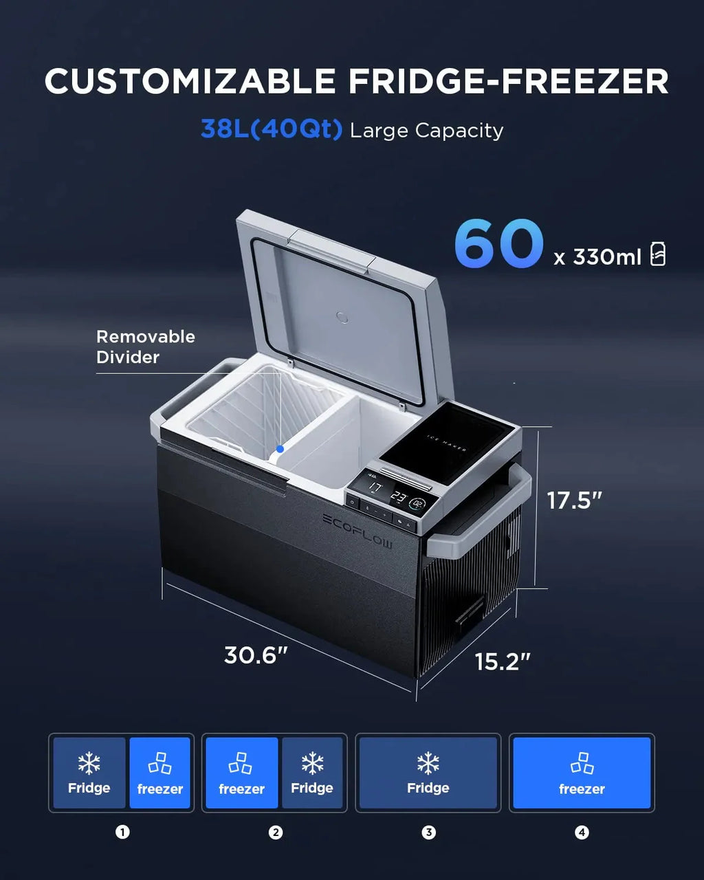 Car Refrigerator, 40 Qt(38L) Portable Refrigerator, Electric Cooler with Ice Maker, Dual Zone WIFI APP Control(-13~50), 12/24V DC/AC For Camping, Travel, Fishing, Outdoor, Truck(GLACIER)