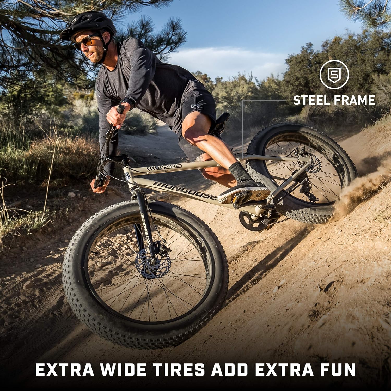 Malus Mens and Women Fat Tire Mountain Bike, 26-Inch Bicycle Wheels, 4-Inch Wide Knobby Tires, Steel Frame, 7 Speed Drivetrain, Shimano Rear Derailleur, Disc Brakes(Tan)