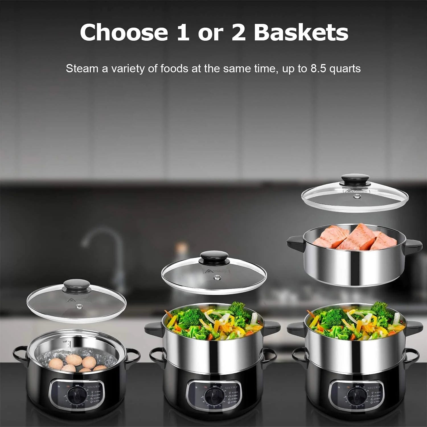 2 stainless steel food steamers, 8.5 liters capacity, electric glass-covered vegetable steamer, double-layer stackable steaming basket, with timer included