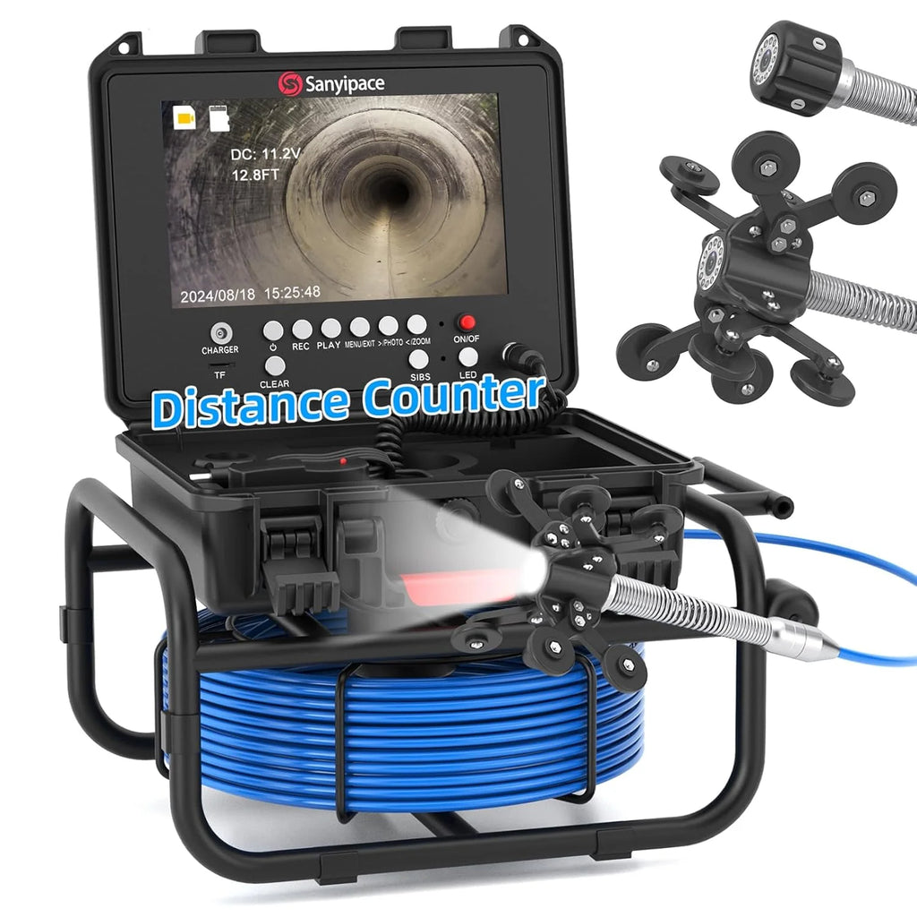 100FT/30M Sewer Inspection Camera, 23mm HD, 9" IPS Screen, 5X Zoom, DVR  16GB Card(165FT/50M， Distance Counter)