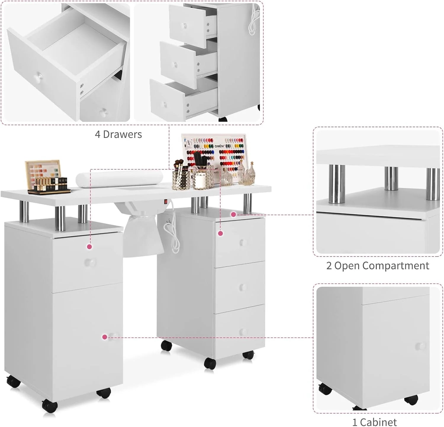 Manicure Table Nail Desk for Nail Tech w/Electric Dust Collector  Wrist Rest, Acetone Resistant Top Beauty Salon Nail Supplies Decor Station w/Lockable Wheels, Cabinet, Drawer (White)(White)