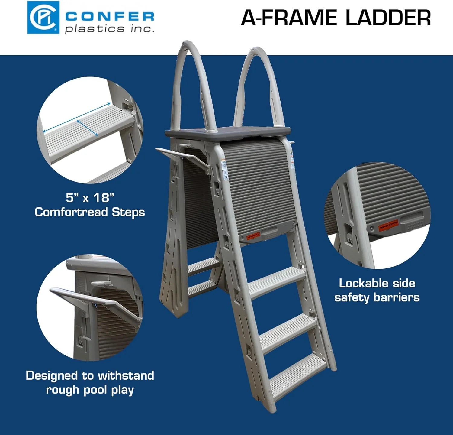 Confer Plastics 7200 Roll Guard 48" to 56" Adjustable A Frame Safety Ladder for Above Ground Outdoor Patio Swimming Pool Platform Ladder with Step Barrier, Warm Grey…(Warm Grey)