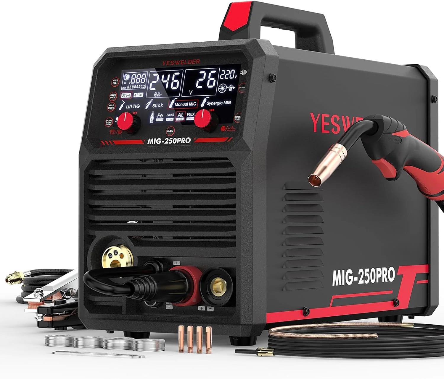 YESWELDER 135Amp MIG Welder,110V Flux Core Welder Flux Core MIG/Lift TIG/Stick 3-in-1 Large LED Digital Display Welding Machine IGBT Inverter Welder FLUX-135PRO(MIG-250PRO)