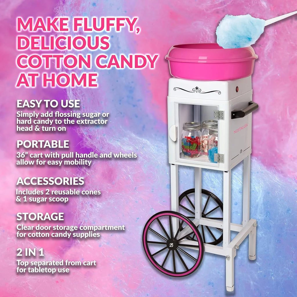 Nostalgia Professional Cotton Candy Cart, Vintage Candy Cart with Serving Shelf, 3 Bowls With Lids  Spoons, 13-in Rubber Wheels, Pull Handle, Includes 4 Reusable Cones  Wire Cleaning Brush, Pink(Pink)