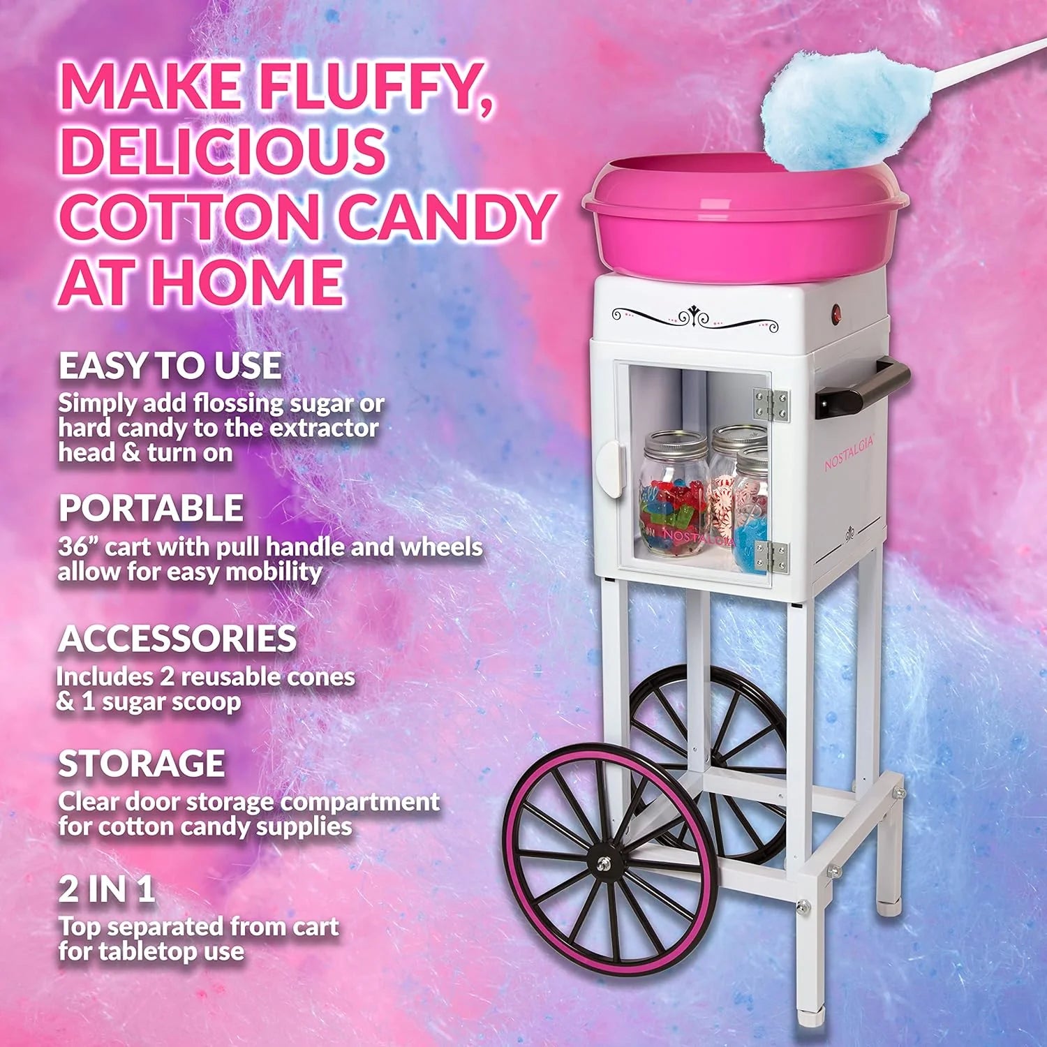 Nostalgia Professional Cotton Candy Cart, Vintage Candy Cart with Serving Shelf, 3 Bowls With Lids  Spoons, 13-in Rubber Wheels, Pull Handle, Includes 4 Reusable Cones  Wire Cleaning Brush, Pink(Pink)