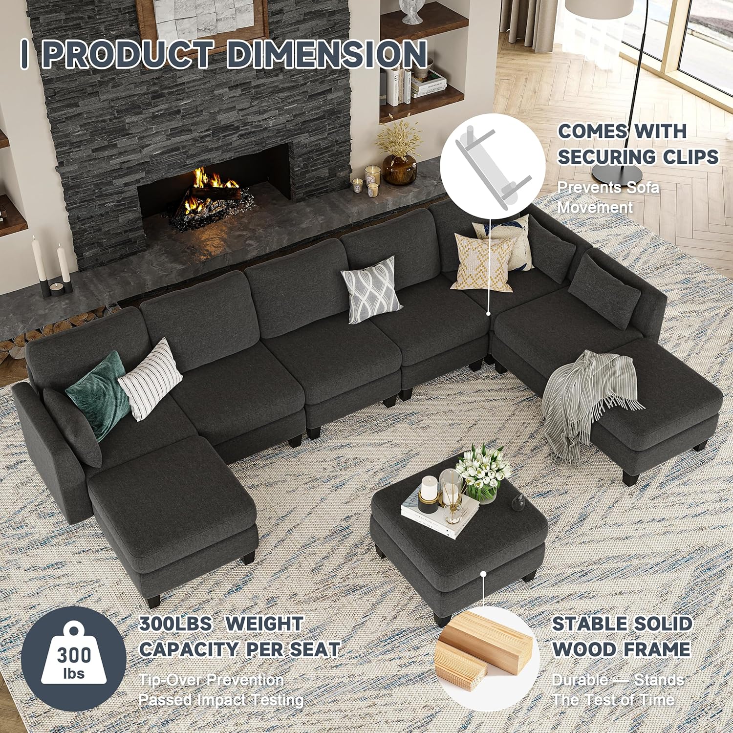 Modular Sectional Sofa, Convertible U Shaped Sofa Couch with High Density Memory Foam, 6 Seat Comfy Modular Sofa Couch for Living Room, Modern U Shaped Sectional Sofa, Dimgrey(Dimgrey)