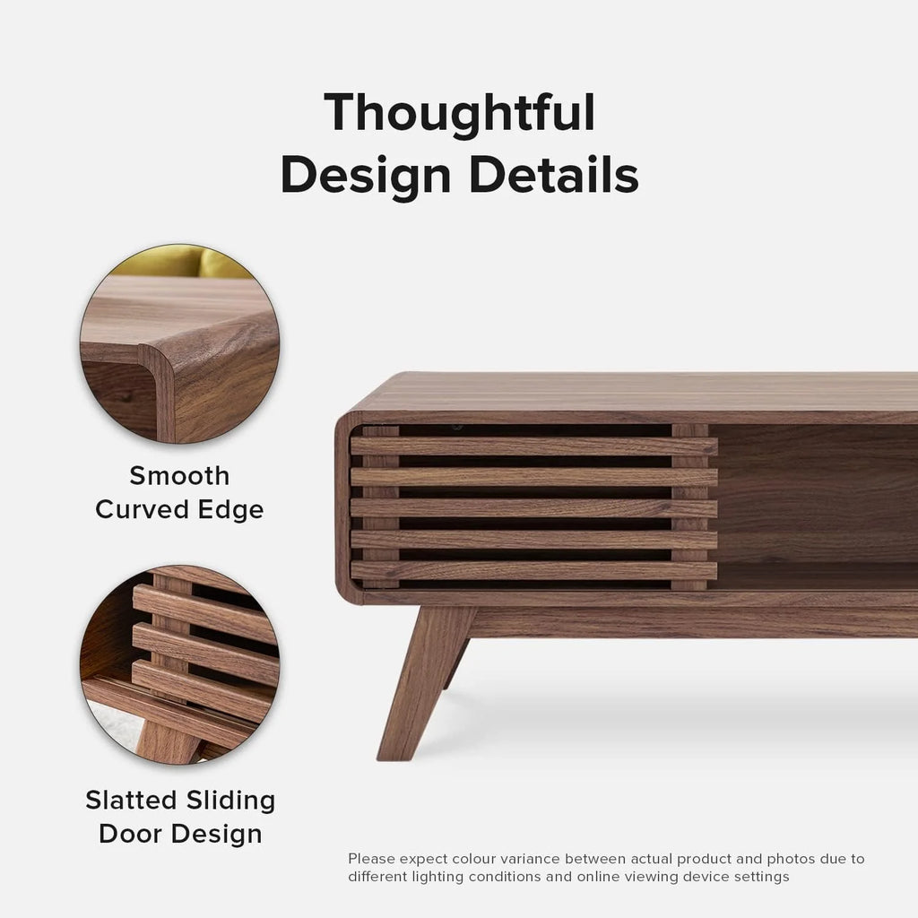 Mopio Ensley Mid Century Modern Rectangle Coffee Table with Dual Storage Shelf, Wood Slat Sliding Door,  Rounded Edge Protection for Living Room, Walnut Grain(Round Nesting Tables)