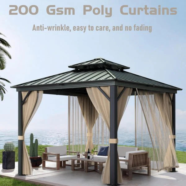 10’x10′ Hardtop Gazebo with double metal roof, aluminum frame, net, and curtain. All-weather, ideal for patio, deck, garden, backyard. Khaki.(Khaki/10x10FT)
