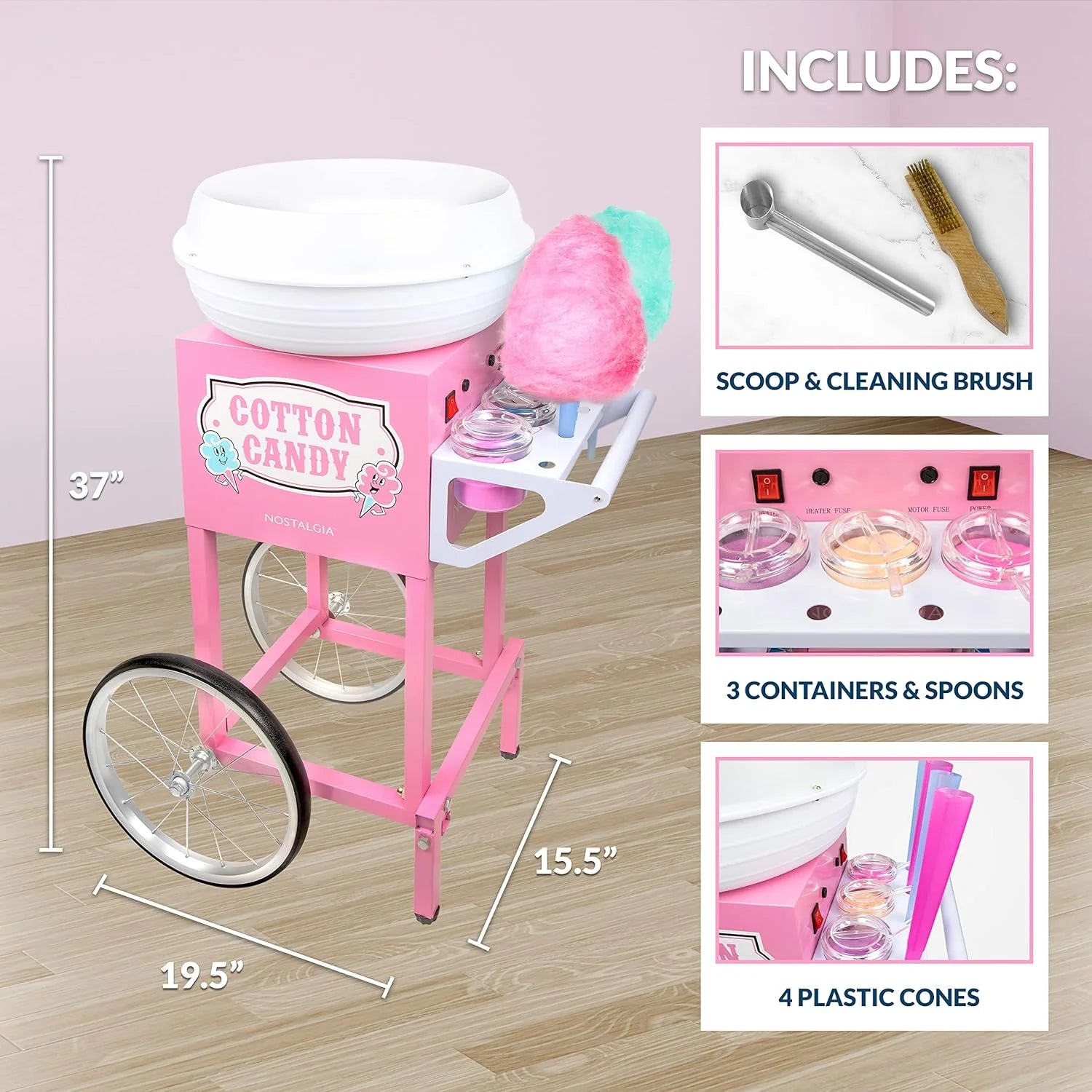 Nostalgia Professional Cotton Candy Cart, Vintage Candy Cart with Serving Shelf, 3 Bowls With Lids  Spoons, 13-in Rubber Wheels, Pull Handle, Includes 4 Reusable Cones  Wire Cleaning Brush, Pink(Pink)