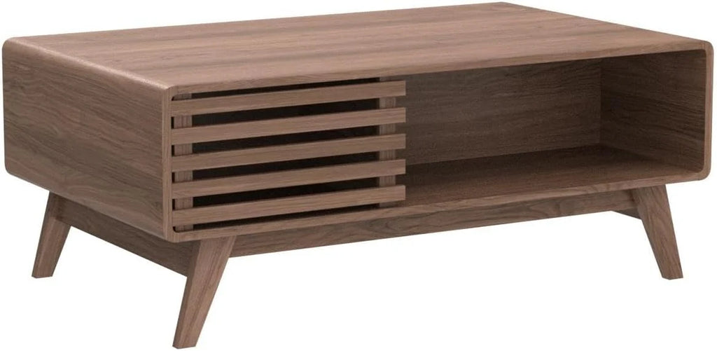 Mopio Ensley Mid Century Modern Rectangle Coffee Table with Dual Storage Shelf, Wood Slat Sliding Door,  Rounded Edge Protection for Living Room, Walnut Grain(Round Nesting Tables)