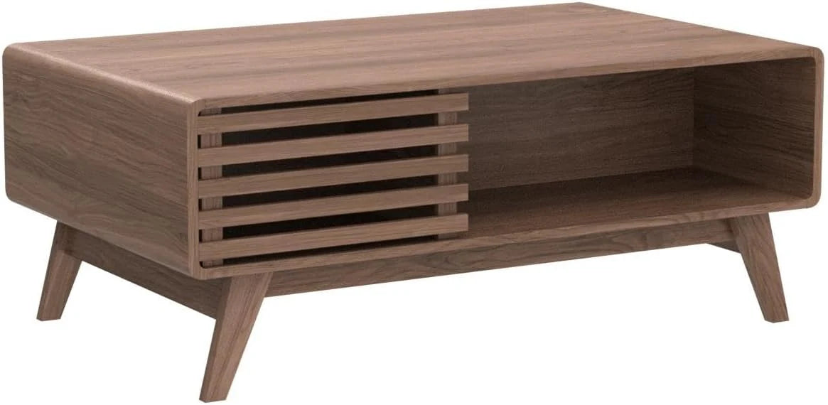 Mopio Ensley Mid Century Modern Rectangle Coffee Table with Dual Storage Shelf, Wood Slat Sliding Door,  Rounded Edge Protection for Living Room, Walnut Grain(Round Nesting Tables)
