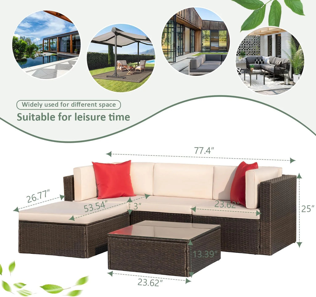 Devoko 5 Pieces Patio Furniture Sets All Weather Outdoor Sectional Patio Sofa Manual Weaving Wicker Rattan Patio Seating Sofas with Cushion and Glass Table(Beige)(Blue/5 Pieces set)