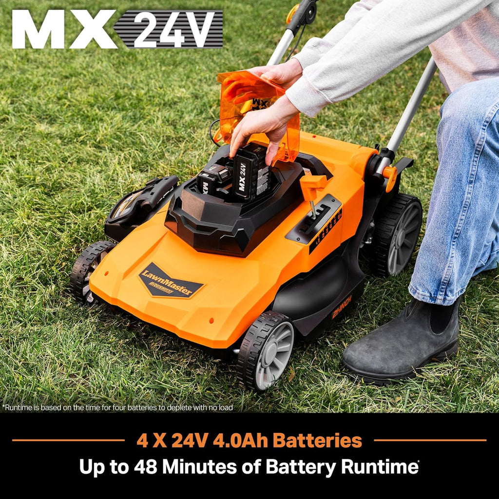 LawnMaster Cordless 13-Inch Lawn Mower 24V Max with 2X4.0Ah Battery and a Charger(21inch with 4 battery)