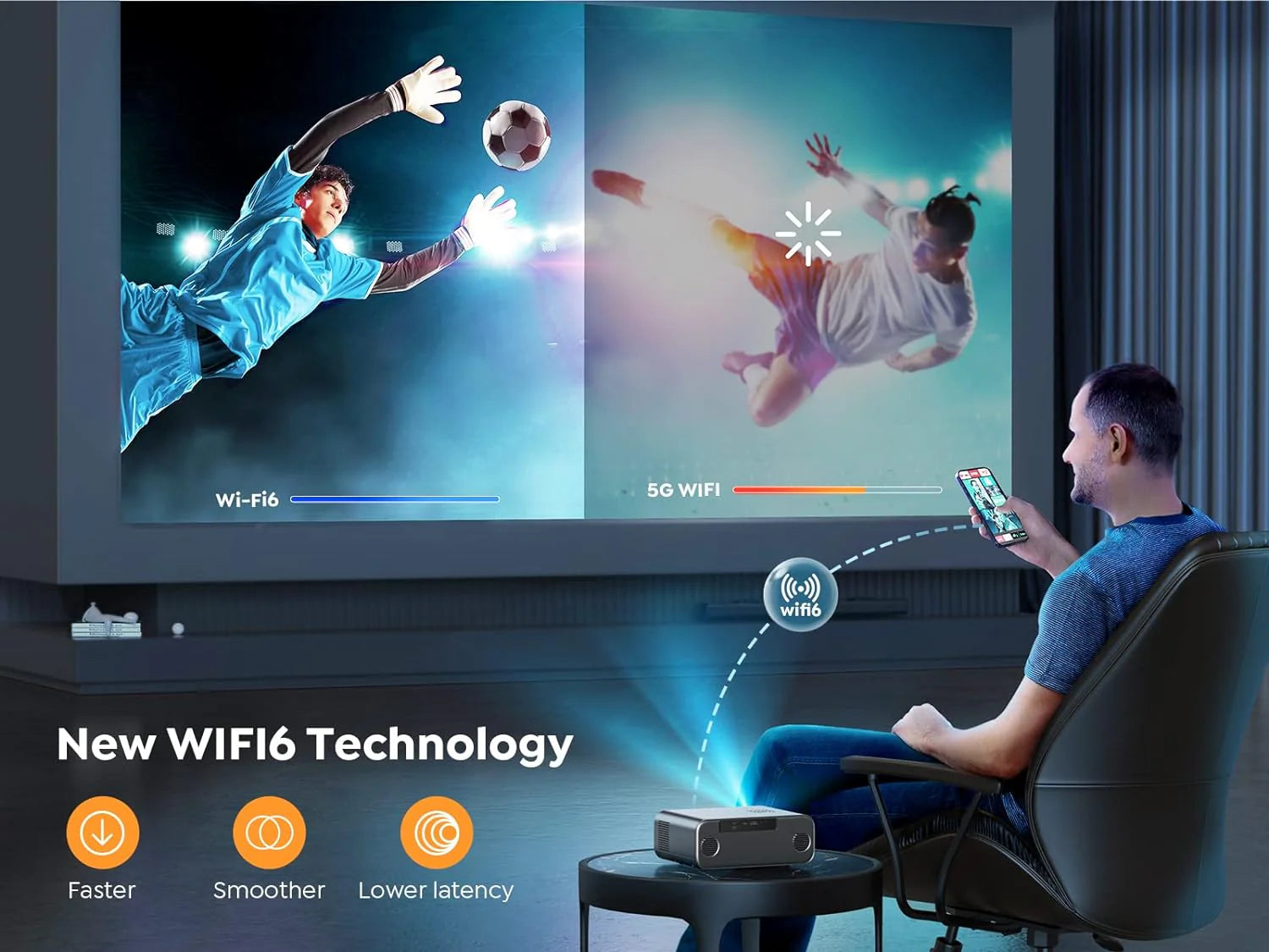 [Auto Focus/4K Support] Projector with WiFi 6 and Bluetooth 5.2, Native 1080P Outdoor Movie Projector, Auto 6D Keystone  50% Zoom, Home Theater Projector for Phone/TV Stick/PC(Grey/Mini)
