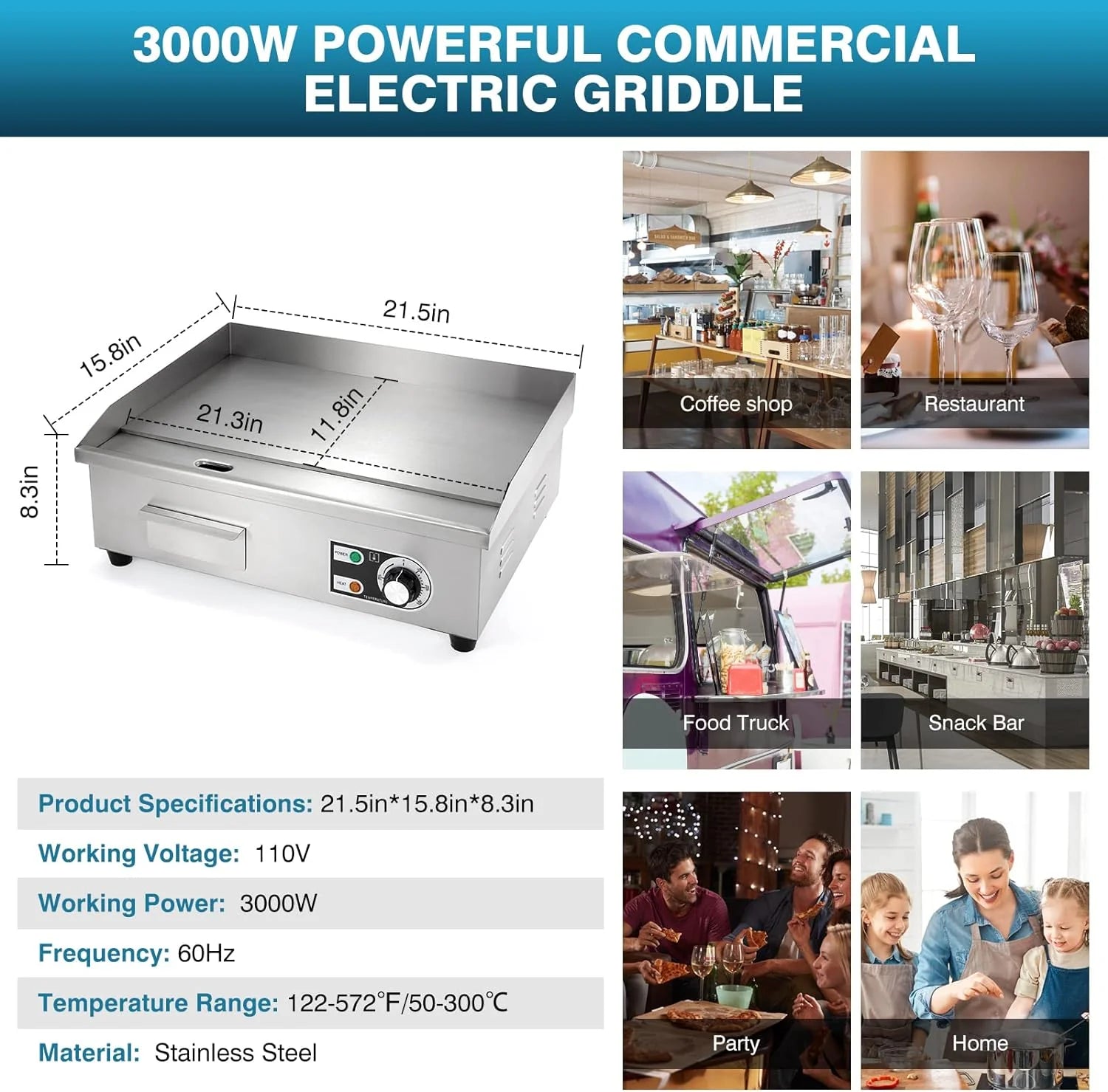 Commercial Griddle Electric 29", 4400W Electric Countertop Griddle Flat Top Grill, Nonstick Stainless Steel Teppanyaki Grill with Dual Temperature Control for Restaurant (Without Plug)(29 Inch/Blue Panel)