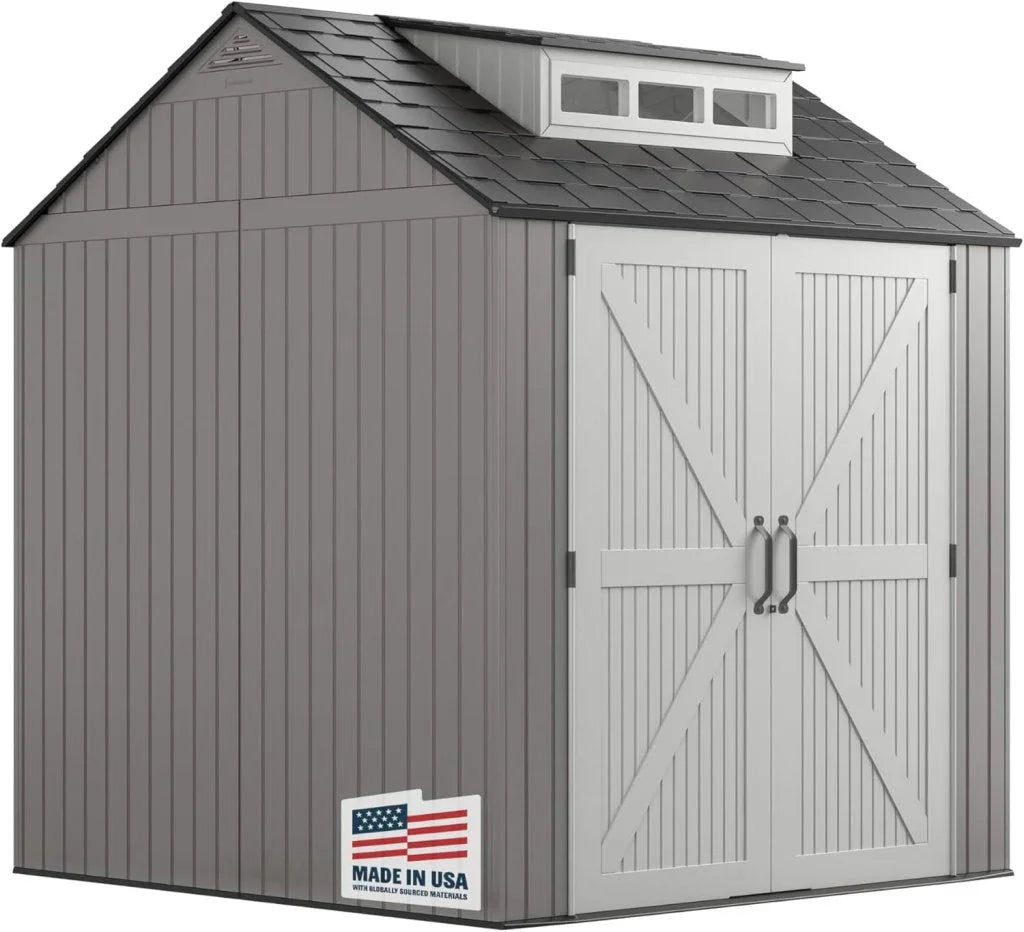 Rubbermaid Resin Outdoor Storage Shed With Floor (7 x 7 Ft) Weather Resistant Gray Organization for Home/Backyard/Garden Tools/Lawn Mower/Bike Storage/Pool Supplies(7'x7'/Gray)