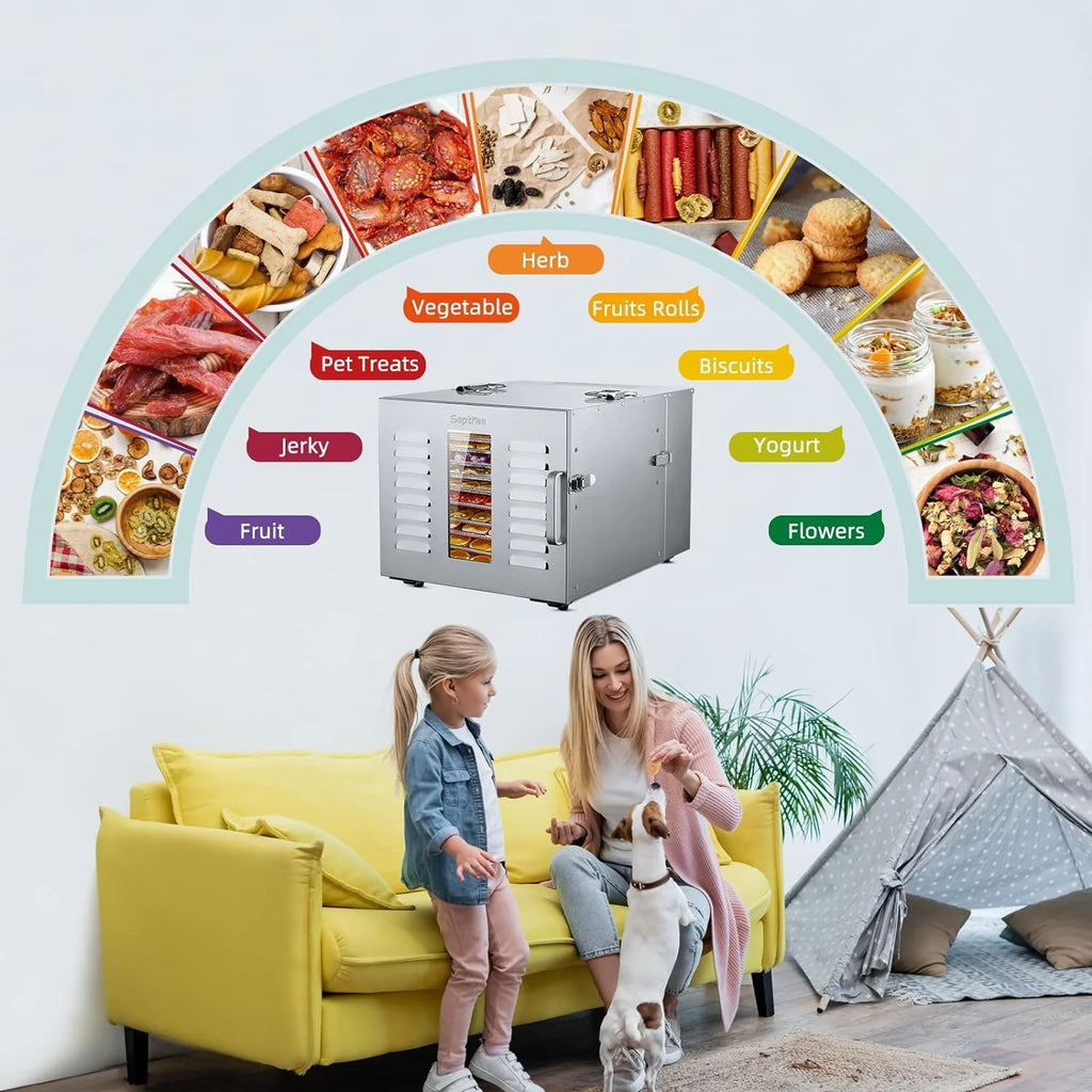 Commercial Large 10 Trays Food Dehydrator, Usable Area up to 17ft2, 1000W Detachable Full Stainless Steel Dryer Machine, up to 190℉ Temperature, for Meat, Fruit, Beef, Herbs, and Pet Food(5-Pack Silicon Trays with Edge)