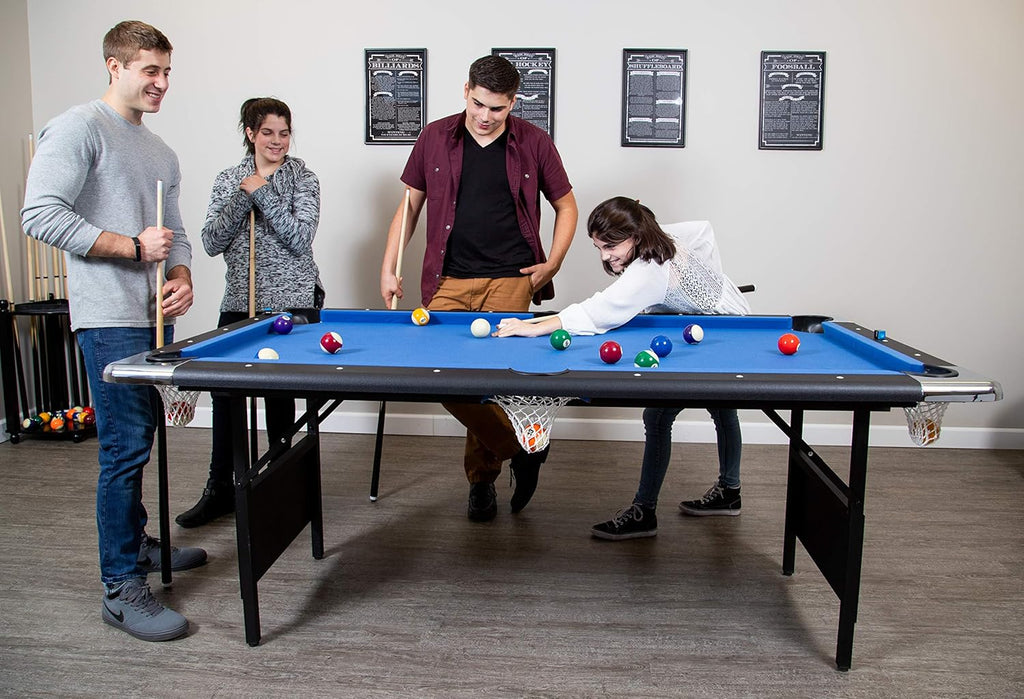 Hathaway Fairmont 6 Ft Portable Pool Table, Adults Folding Billiards Tables for Game Room with Easy Foldable Storage, Includes Full Set of Billiard Balls, Cues, Chalk  Brush(Blue/Pool Table)