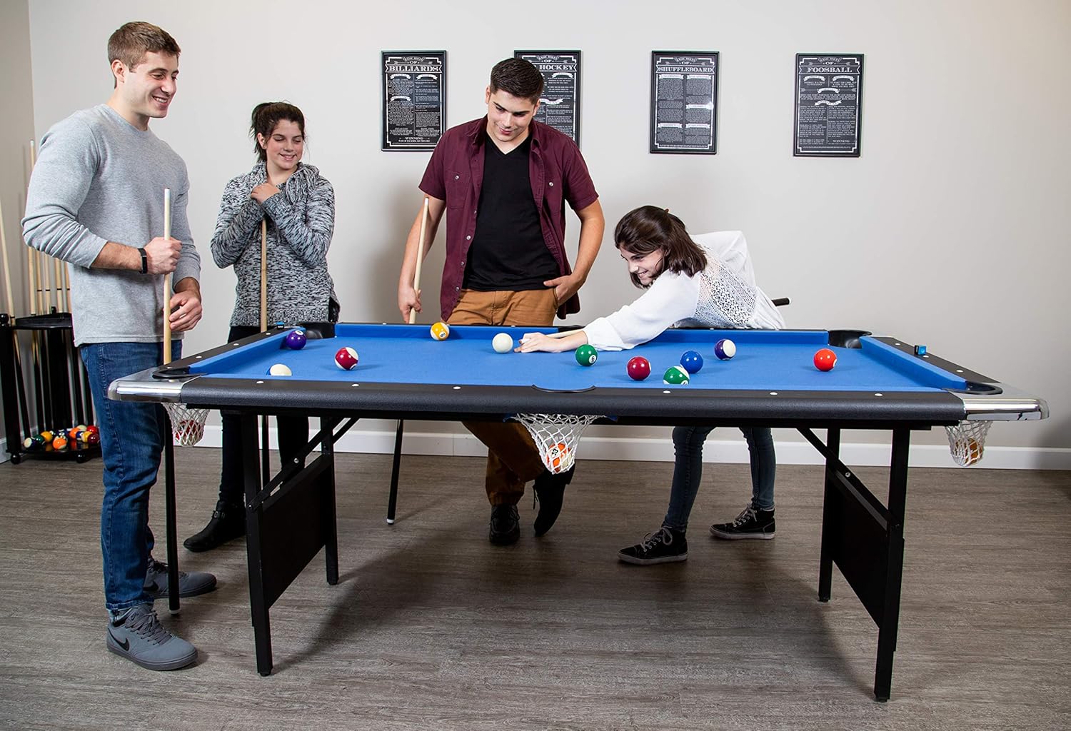 Hathaway Fairmont 6 Ft Portable Pool Table, Adults Folding Billiards Tables for Game Room with Easy Foldable Storage, Includes Full Set of Billiard Balls, Cues, Chalk  Brush(Blue/Pool Table)