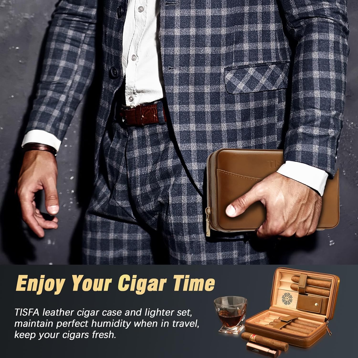 Cigar Humidor, Leather Cedar Wood Cigar Case with Cigar Lighter, V Cut Cigar Cutter, Cigar Holder 3 in 1, Portable Travel Cigar Humidor Box with Humidifier (Black)(Brown)