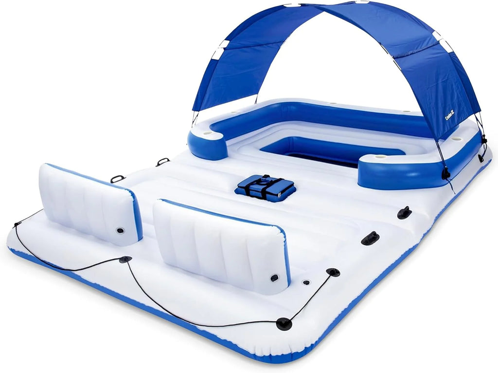 Tropical Breeze 6 Person Inflatable Party Island Large Relaxing Water Float with Detachable Sunshade and Cooler Bag(Blue/White)