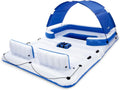 Tropical Breeze 6 Person Inflatable Party Island Large Relaxing Water Float with Detachable Sunshade and Cooler Bag(Blue/White)