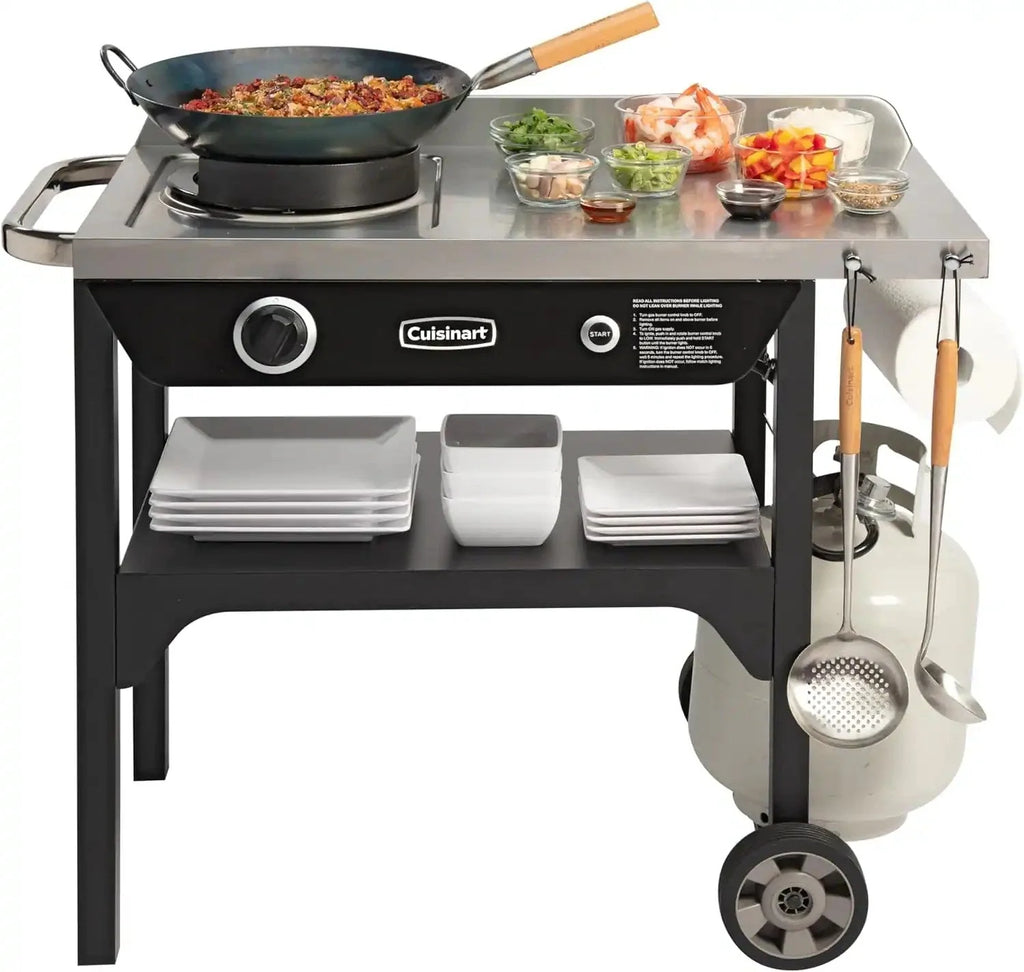 Cuisinart Outdoor Wok Station, 50,000 BTU Propane Outdoor Wok Burner w Prep Table, 14" Carbon Steel Wok for Stir Fry, Searing, BBQ  Black