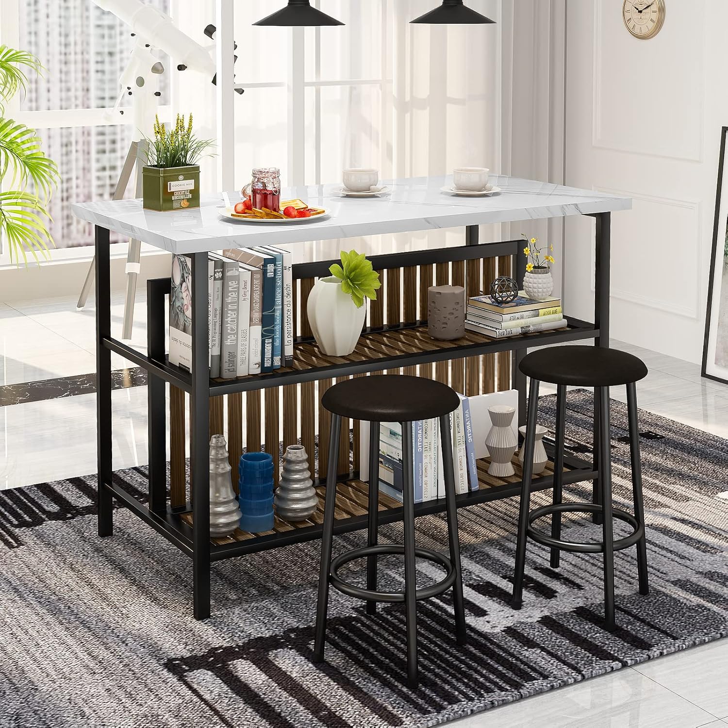 Kitchen Island with Seating  Storage Shelf, Faux Marble Island Table for Kitchen, Modern Bar Table and Chairs Set for 2,Dining Table Set for Small Space,White