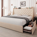 Oversized Storage Bed Frame with Drawers, Charging Station  Wingback Tufted Headboard, No Box Spring Needed, Easy Assembly, Beige