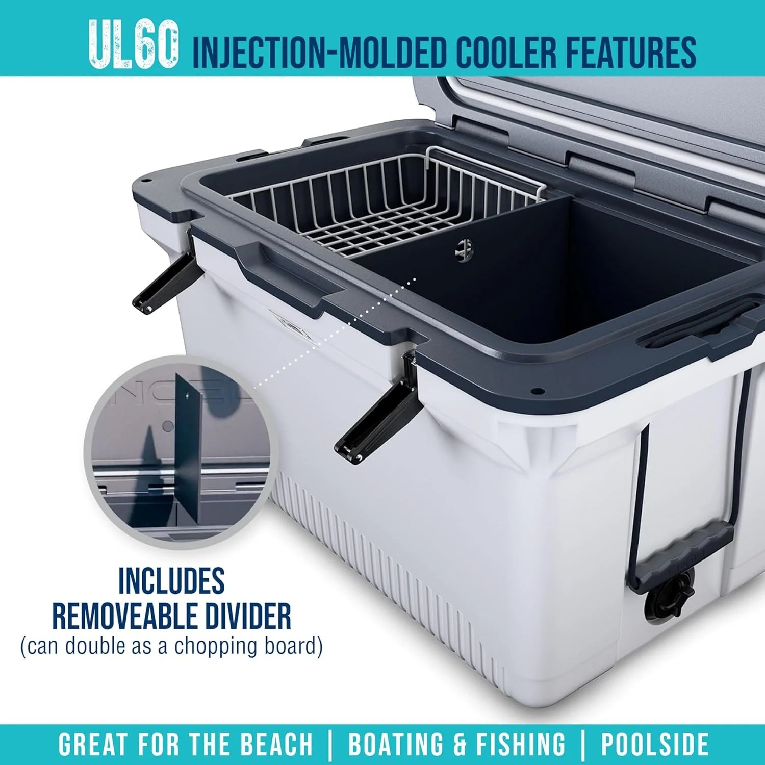 60 QT Ultra-Light Injection Molded Cooler - Ice Chest Keeps Ice up to 7 Days - Large Cooler Includes Wire Basket, Divider and Built-in Bottle Opener(Haze Gray)