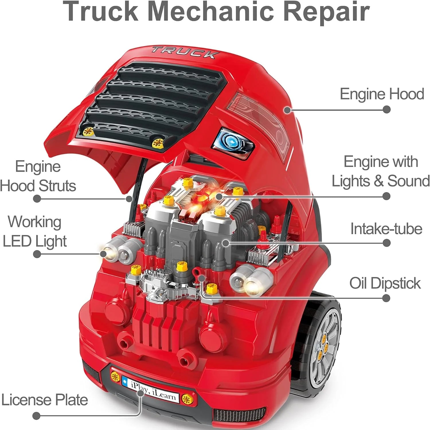 Truck Engine Toy, Kids Mechanic Repair Set for 3-5 Yr Toddlers, Big Builder Kit, Take Apart Motor Vehicle Pretent Play Car Service Station, Gifts 4 6 7 8 Year Old Boy Child