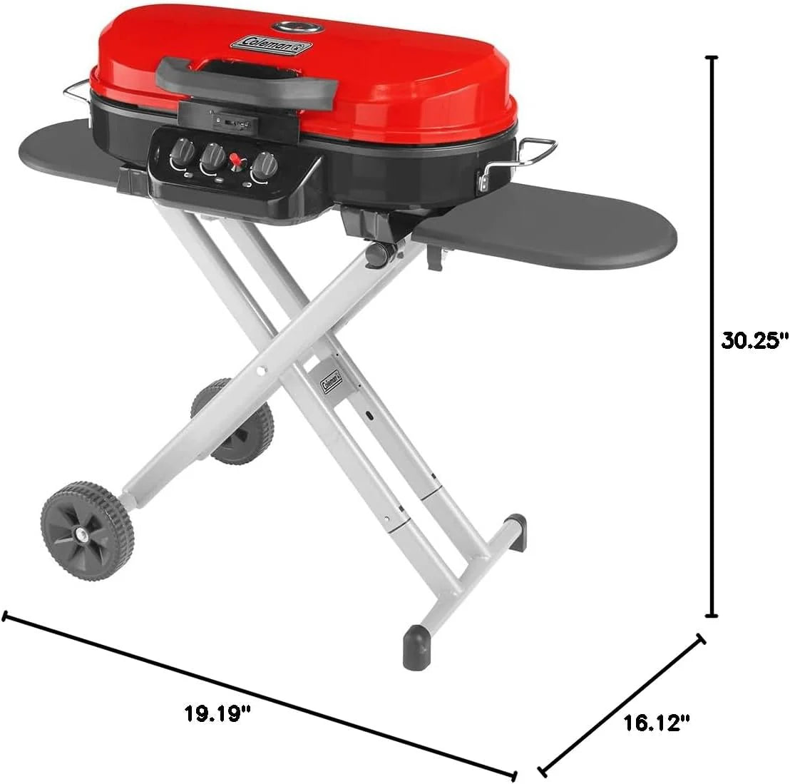 RoadTrip Portable Stand-Up Propane Grill with 3 Adjustable Burners  Instastart Ignition, 20,000 BTUs of Power for Outdoor Cooking(Red)