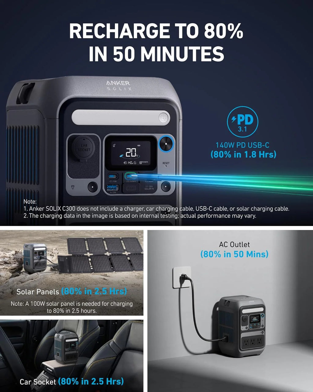 Anker Solar Generator SOLIX C300 with 60W Solar Panel, 288Wh Portable Power Station, 300W (600W Surge), LiFePO4 Battery, 140W Two-Way Fast Charging, for Outdoor Camping, Traveling, and Emergencies(Anker SOLIX C300+60W Solar Panel)