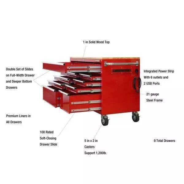 52 IN. W 24 IN. D 9-DRAWER GLOSS RED MOBILE WORKBENCH