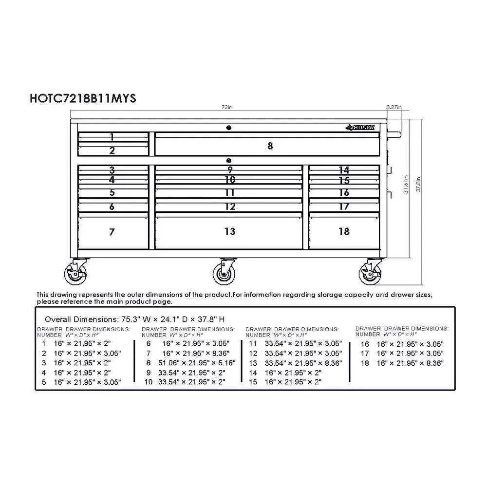72 IN. 18-DRAWER MOBILE WORKBENCH WITH ADJUSTABLE-HEIGHT SOLID WOOD TOP IN MATTE BLUE