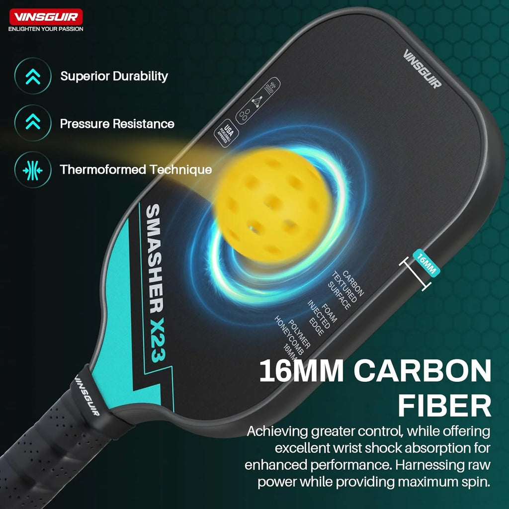 Pickleball Paddle, 16MM Carbon Fiber Pickleball Paddle with Longer Handle, Elongated Paddle with SpinFlex Surface, Power, Hybrid  Control Paddles for Advancer  Professional(T300- 16MM-CFS-High Grit  Spin)