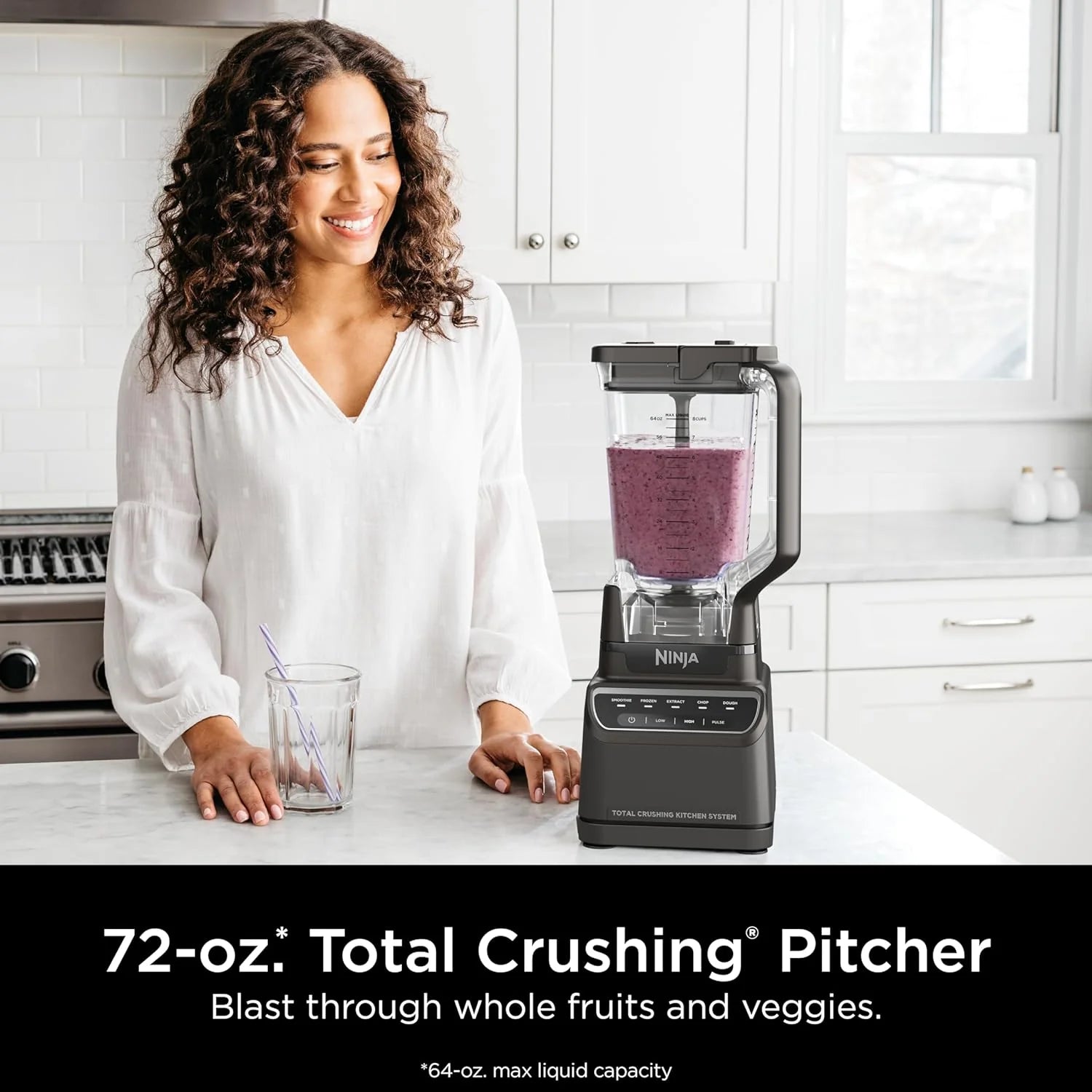 Mega Kitchen System, 1500W, 4 Functions for Smoothies, Processing, Dough, Drinks  More, with 72-oz.* Blender Pitcher, 64-oz. Processor Bowl, (2) 16-oz. To-Go Cups  (2) Lids, Black(Pitcher+Bowl+(2) 18-oz. Cups)