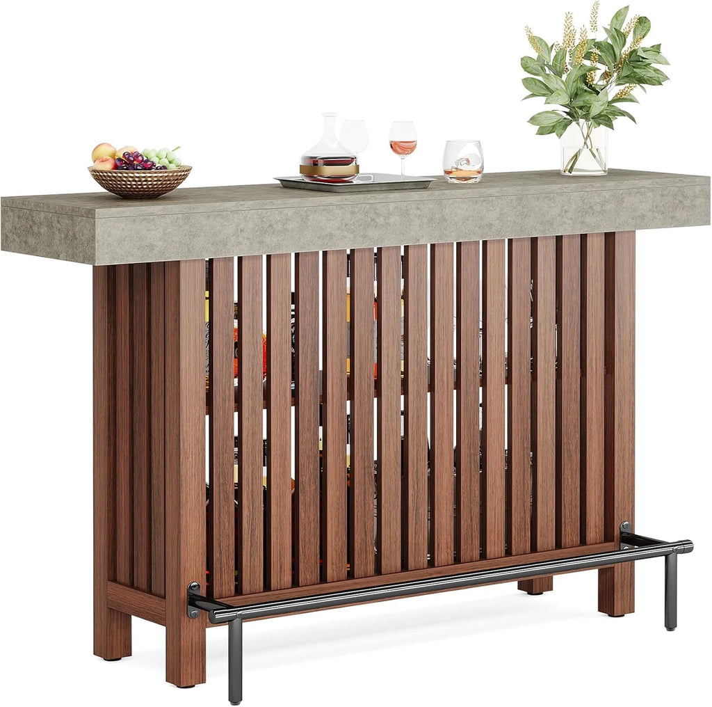 63" Large Home Bar Counter, Double Layer Kitchen Island Table with Footrest, Modern Coffee Bar Cabinet(Red Brown  Gray Cement Texture)