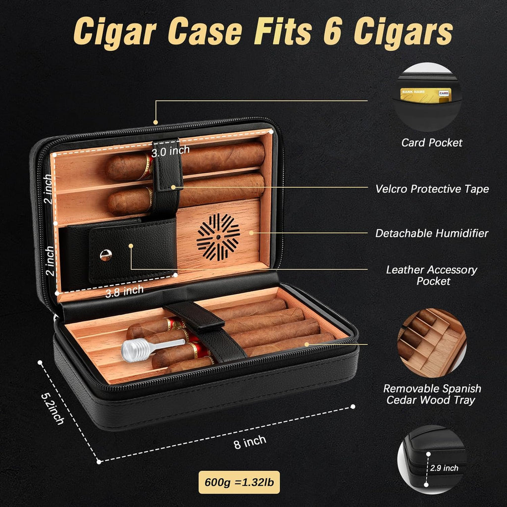 Cigar Humidor, Leather Cedar Wood Cigar Case with Cigar Lighter, V Cut Cigar Cutter, Cigar Holder 3 in 1, Portable Travel Cigar Humidor Box with Humidifier (Black)(Brown)