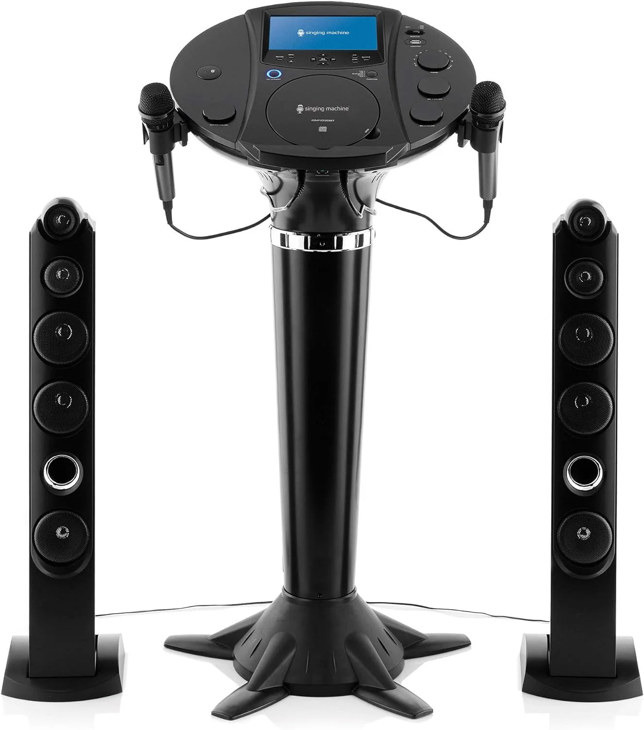 Portable WiFi Karaoke Machine for Adults – Black Pedestal with 7” Touchscreen, Built-In Speaker, Bluetooth, Recorder  2 Wired Microphones
