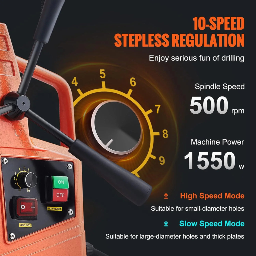 Mag Drill Press, 1550W 2" Boring Diameter, 2922lbf Power Magnetic Drill, 500 PRM, 10-Speed, Electric Drilling Machine for Metal Surface, Industrial and Home Improvement(W/ 2'')