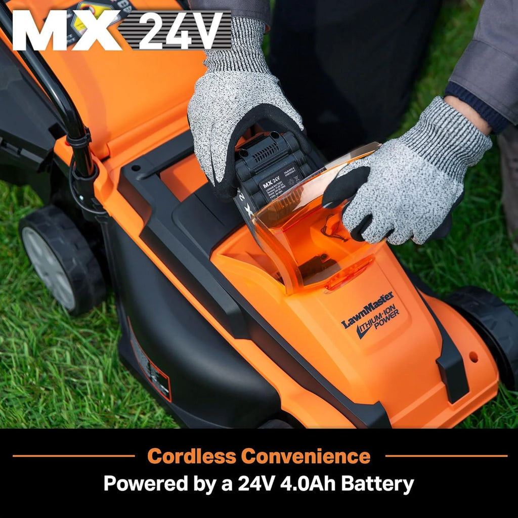 LawnMaster Cordless 13-Inch Lawn Mower 24V Max with 2X4.0Ah Battery and a Charger(21inch with 4 battery)