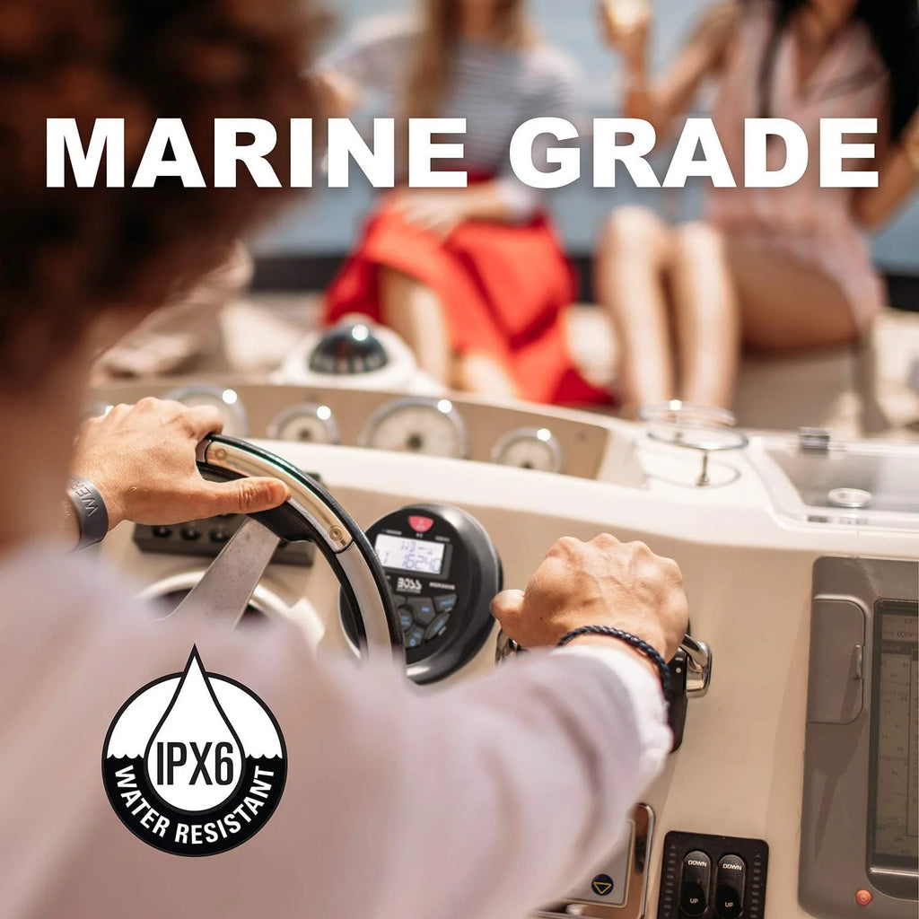 Marine Boat Stereo Gauge Receiver – Bluetooth Head Unit, No CD DVD Player, Built-in 4 Channel Amplifier, Weatherproof, USB, USB Charging(MGR450B + 2 White Speakers)
