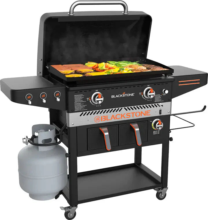 Blackstone 1962 Air Fryer Combo  Two Burners Stainless Steel Gas Hood, Wheels, Two Side Shelf – Heavy Duty Outdoor Griddle Station for Backyard, Patio, 28 inch Black