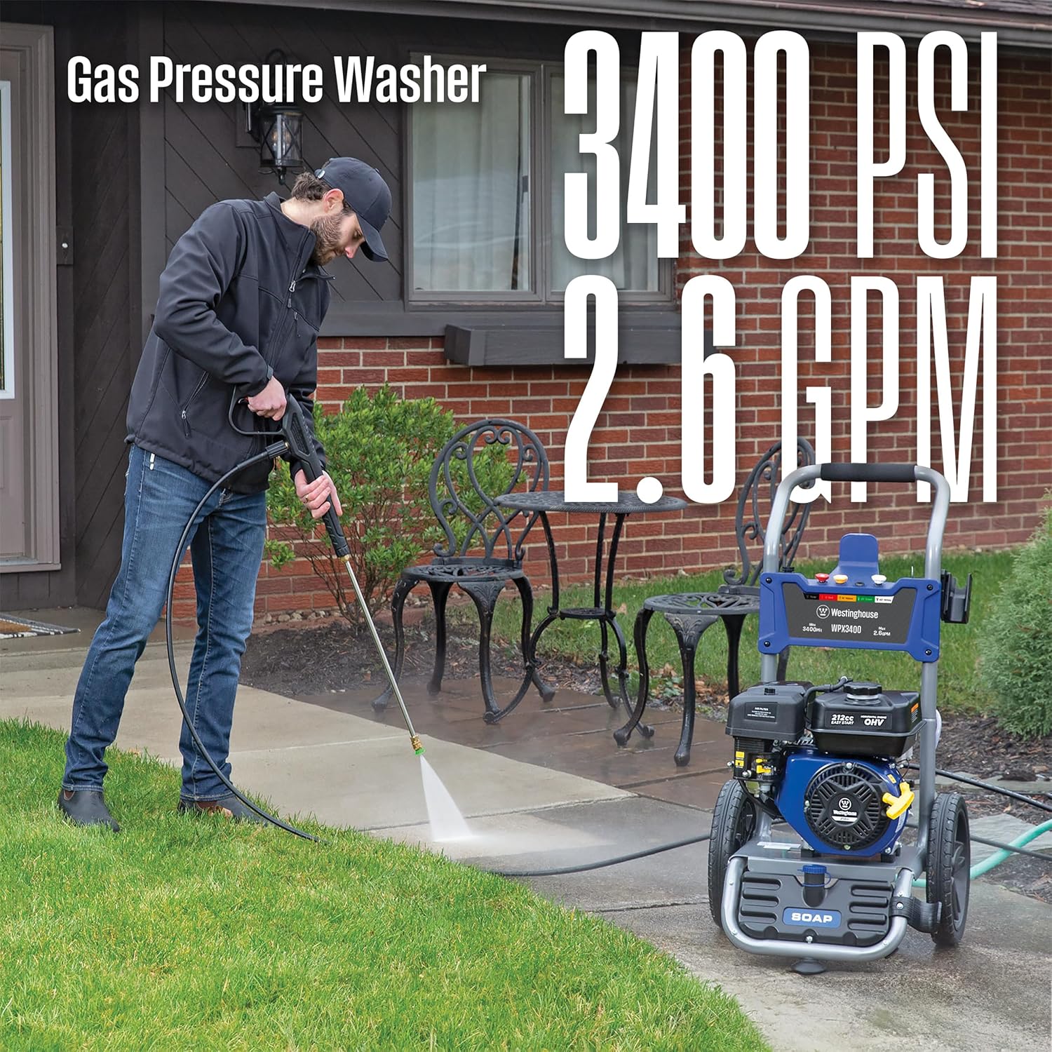 WPX3400 Gas Pressure Washer, 3400 PSI and 2.6 Max GPM, Onboard Soap Tank, Spray Gun and Wand, 5 Nozzle Set, for Cars/Fences/Driveways/Homes/Patios/Furniture(3400 Max PSI)